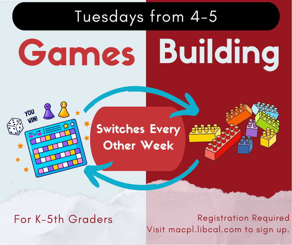 Kindergarten through 5th grade; games and building; tuesdays 4-5 pm