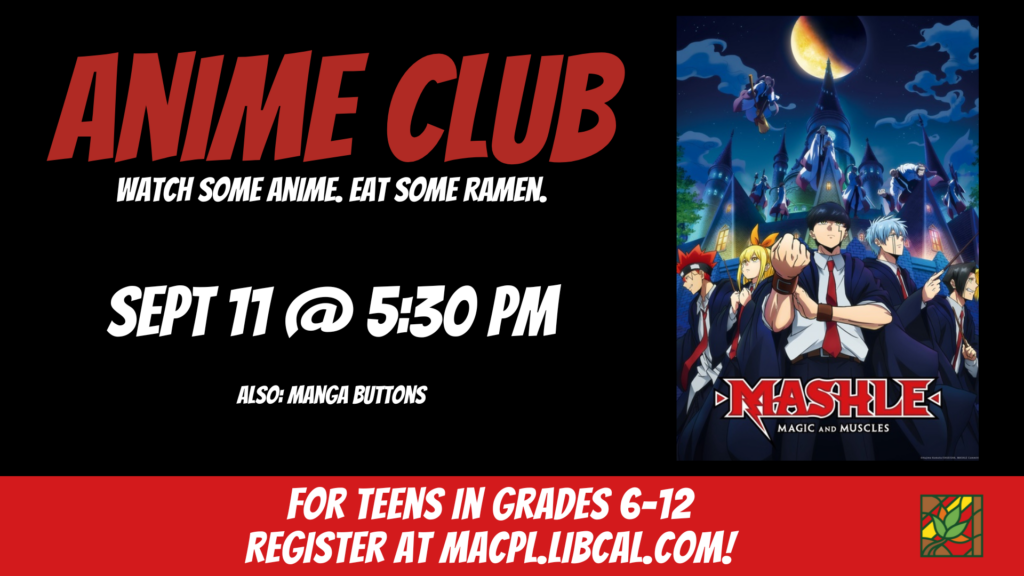 Anime Club in red text with date information and photo of show