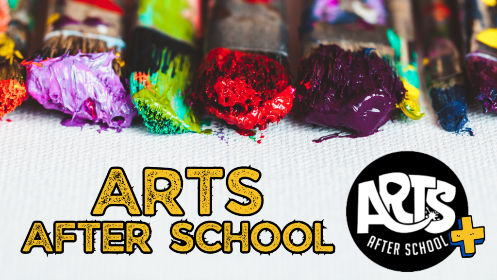 Arts After School text and logo on background featuring paintbrushes dipped in paint