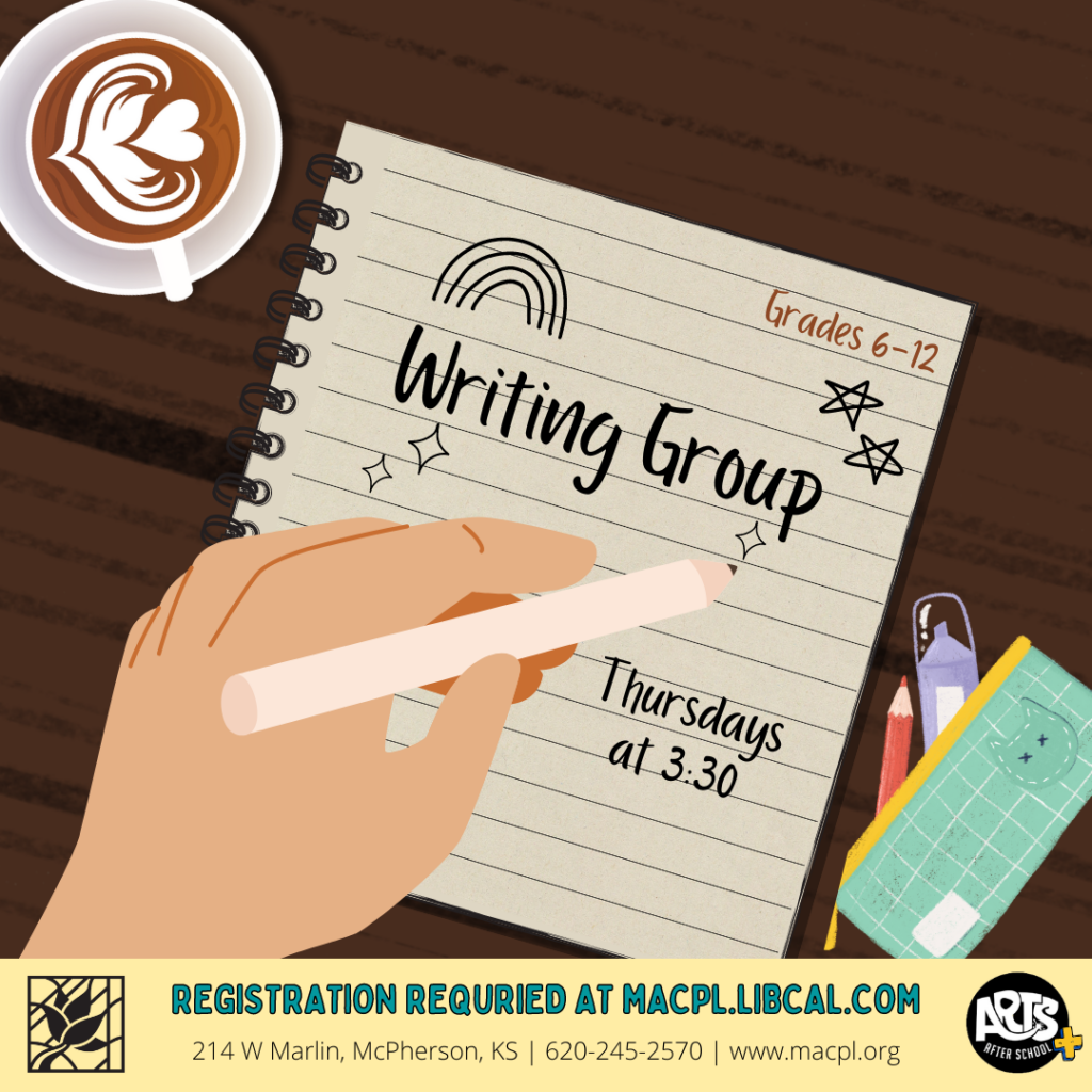Writing club thursdays at 3:30 on writing pad with hand holding pencil to write