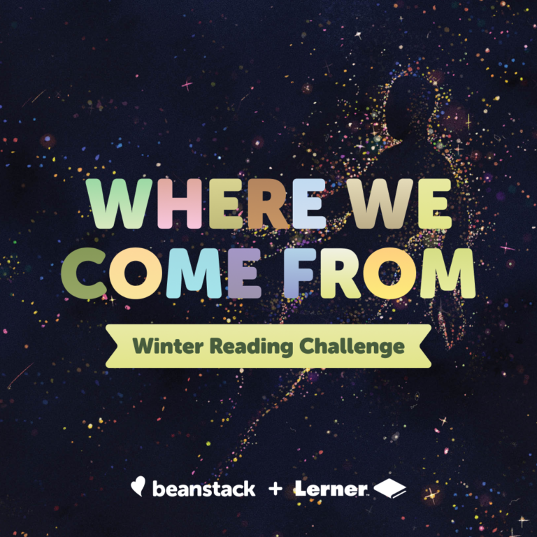 Where we come from winter reading challenge beanstack and lerner black background with people made of multicolor stars
